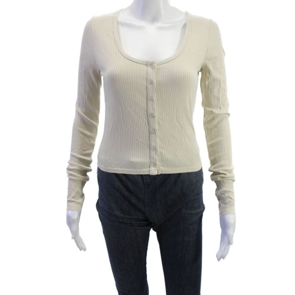 The Range Womens Cropped Striped Button Up Top Long Sleeve Beige Size M